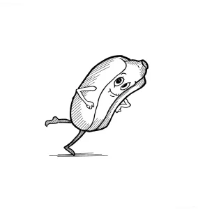 Эскиз татуировки бегущего хот-дога в стиле doodle, выполненный черными линиями.