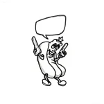 Эскиз татуировки хот-дога в стиле doodle art, указывающего пальцем и держащего нож, с облачком для текста.
