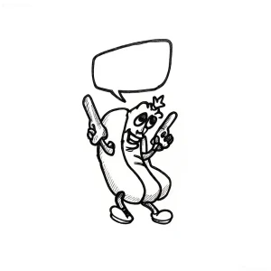 Эскиз татуировки хот-дога в стиле doodle art, указывающего пальцем и держащего нож, с облачком для текста.