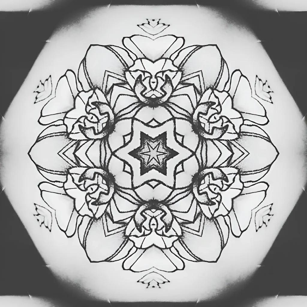 黑白万花筒纹身，具有精细的几何结构和花卉元素。