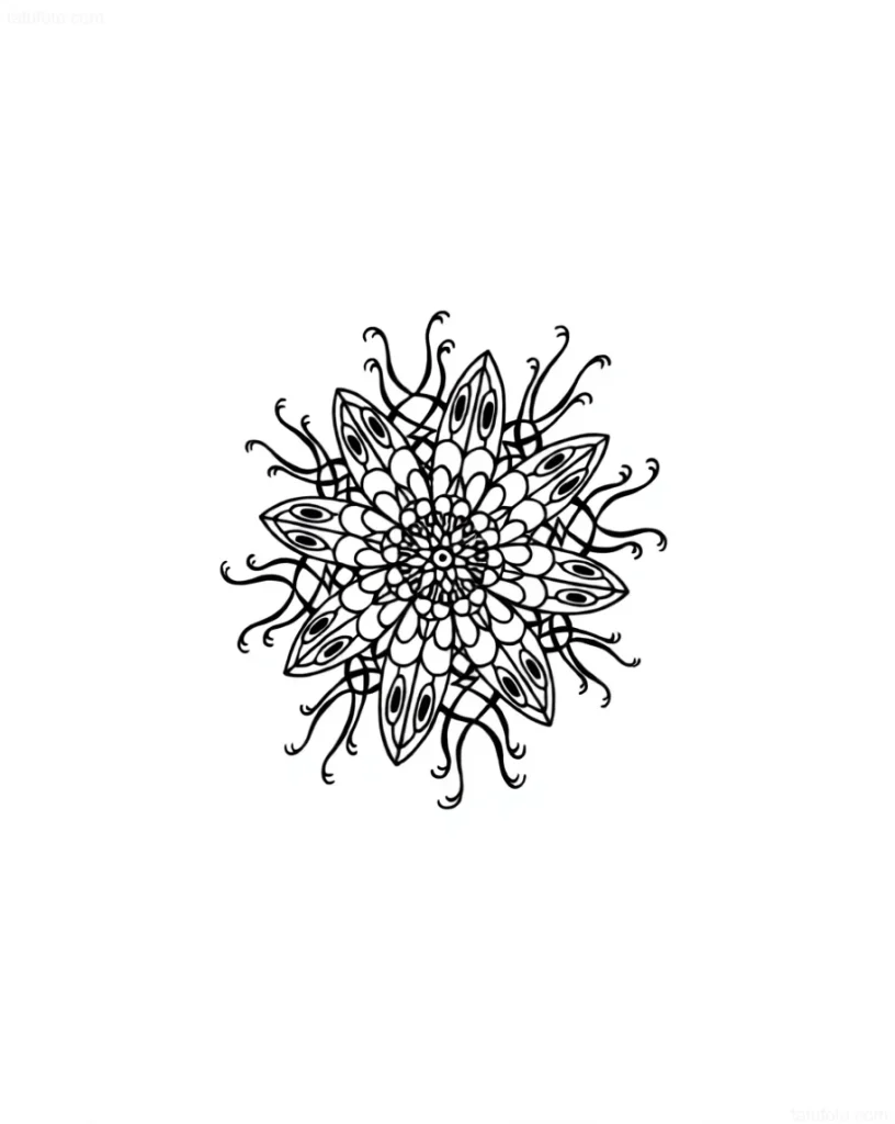 黑白万花筒纹身草图，图案精细，象征着内在和谐与持续发展。