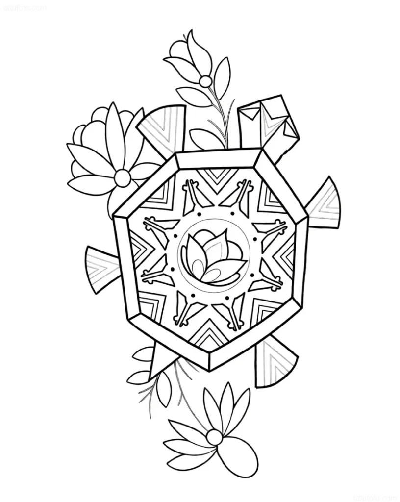 黑白万花筒纹身草图，中心有莲花，周围有装饰性花朵。