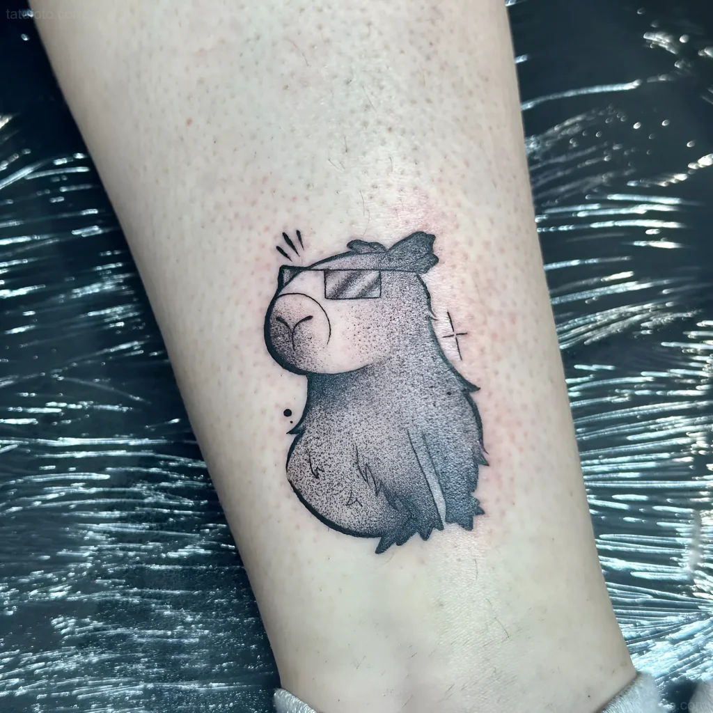 Tatouage minimaliste d'un capybara portant des lunettes de soleil, réalisé en pointillé sur la face interne du mollet.