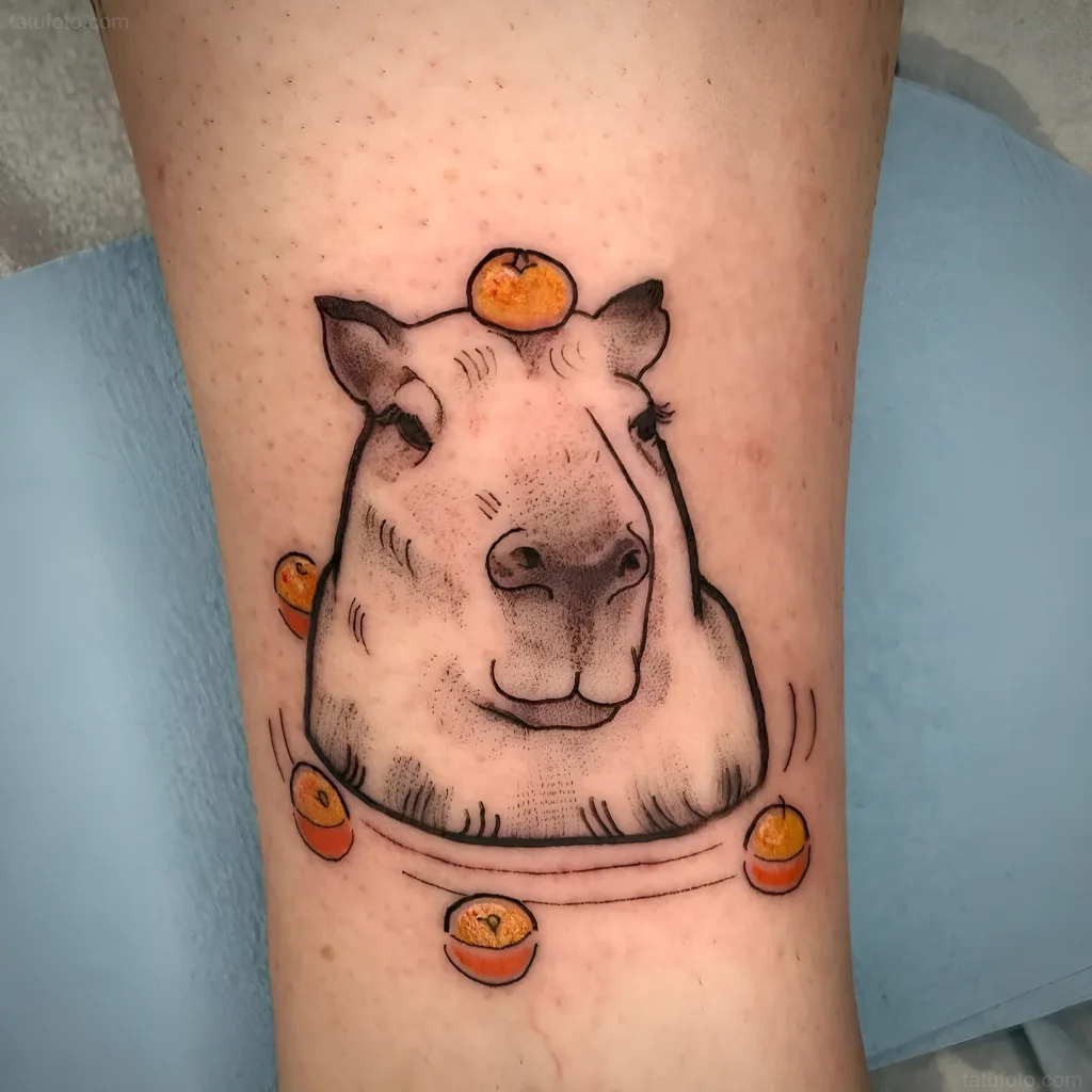 Tatouage de capybara sur la jambe style minimaliste avec des fruits, symbolisant le calme et l'amitié.