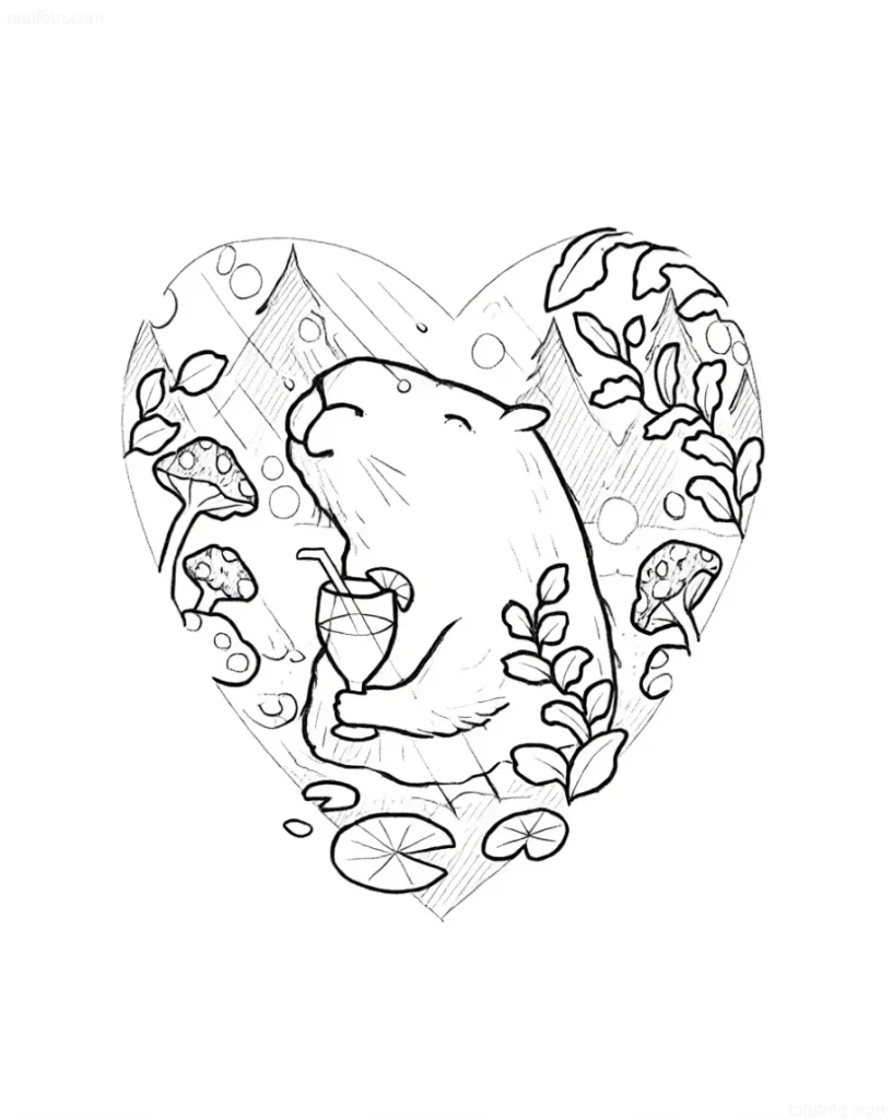 Croquis d'un tatouage de capybara buvant un cocktail en forme de cœur, entouré de champignons et de plantes, réalisé dans un style graphique.