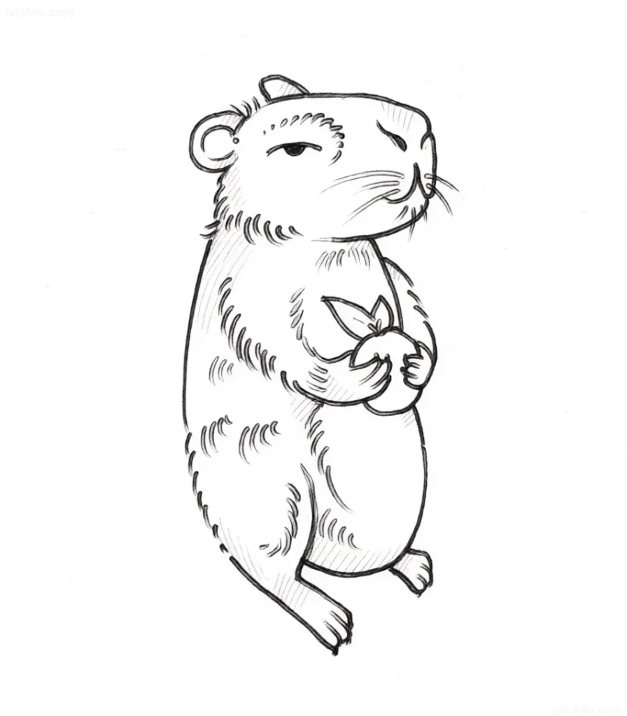 Croquis d'un tatouage de capybara style graphique, tenant une feuille dans ses pattes