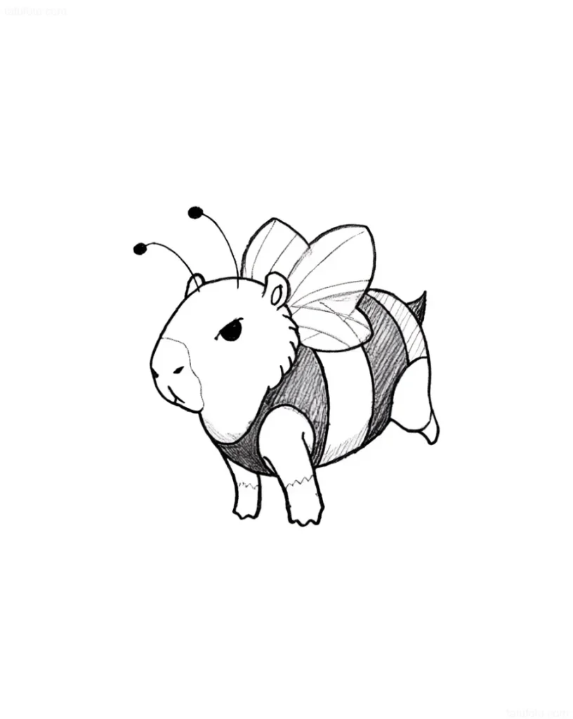 Croquis d'un tatouage de capybara style minimaliste graphique, avec un accent sur une expression faciale amicale.