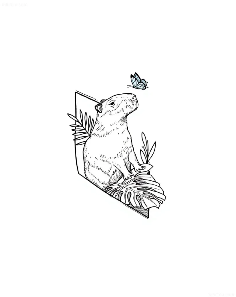 Croquis d'un tatouage de capybara style minimaliste avec un papillon et des feuilles tropicales, réalisé en lignes noires.