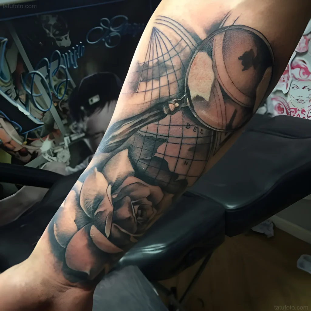 Black and grey tattoo on arm with a magnifying glass focused on a world map and a bouquet of roses, symbolizing the pursuit of knowledge and beauty.
