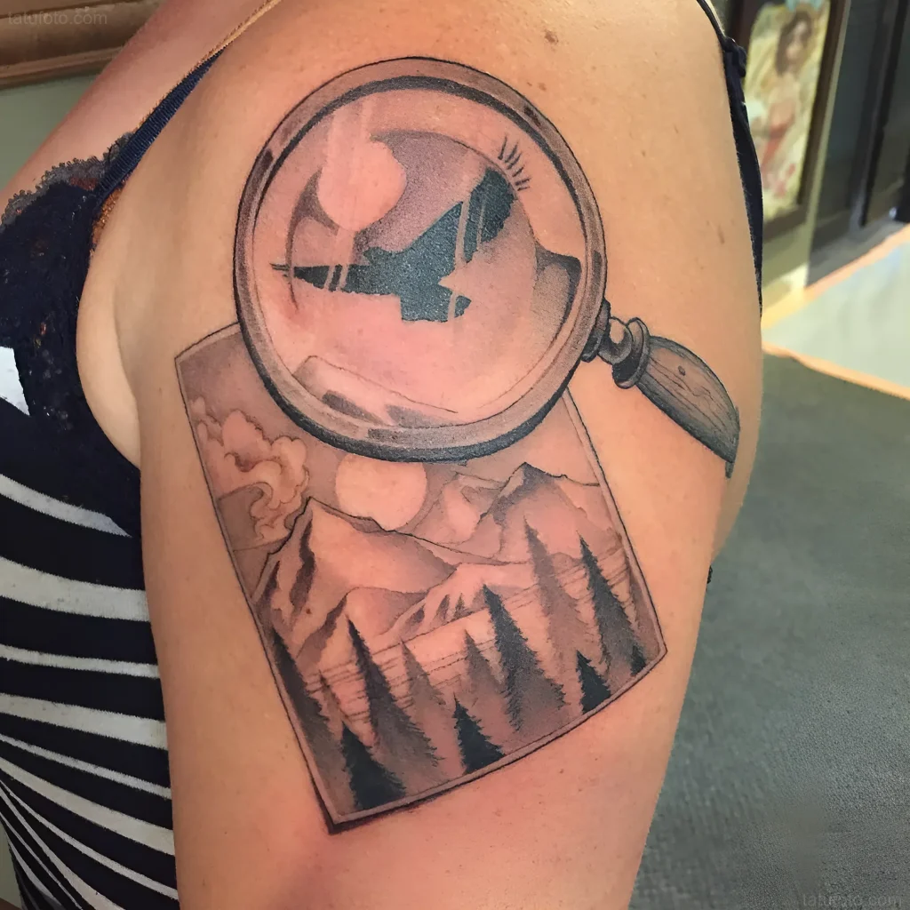 Black and grey tattoo of a magnifying glass enlarging a mountain landscape on a person's arm.