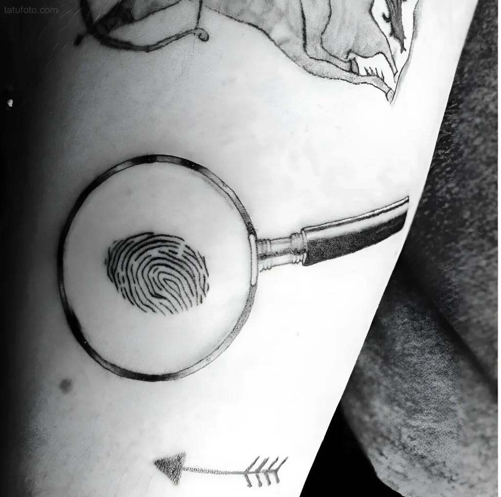 Black and white tattoo of a magnifying glass enlarging a fingerprint on an arm. Detailed image in graphic style.