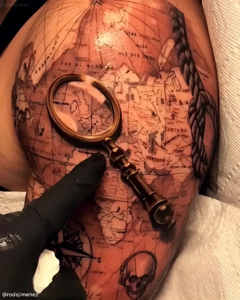 Photo of a tattoo: a realistic magnifying glass with a bronze frame against an old world map, done in black and grey technique.