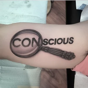 Черно-серая татуировка лупы, увеличивающей слово 'Conscious' на руке, символизирующая осознанность и внимательность.