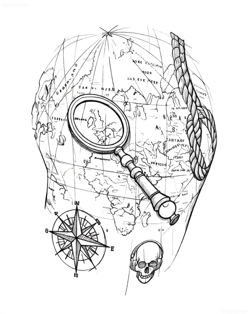 Boceto de tatuaje: Lupa sobre un mapa del mundo antiguo, brújula y calavera, realizada en estilo gráfico.