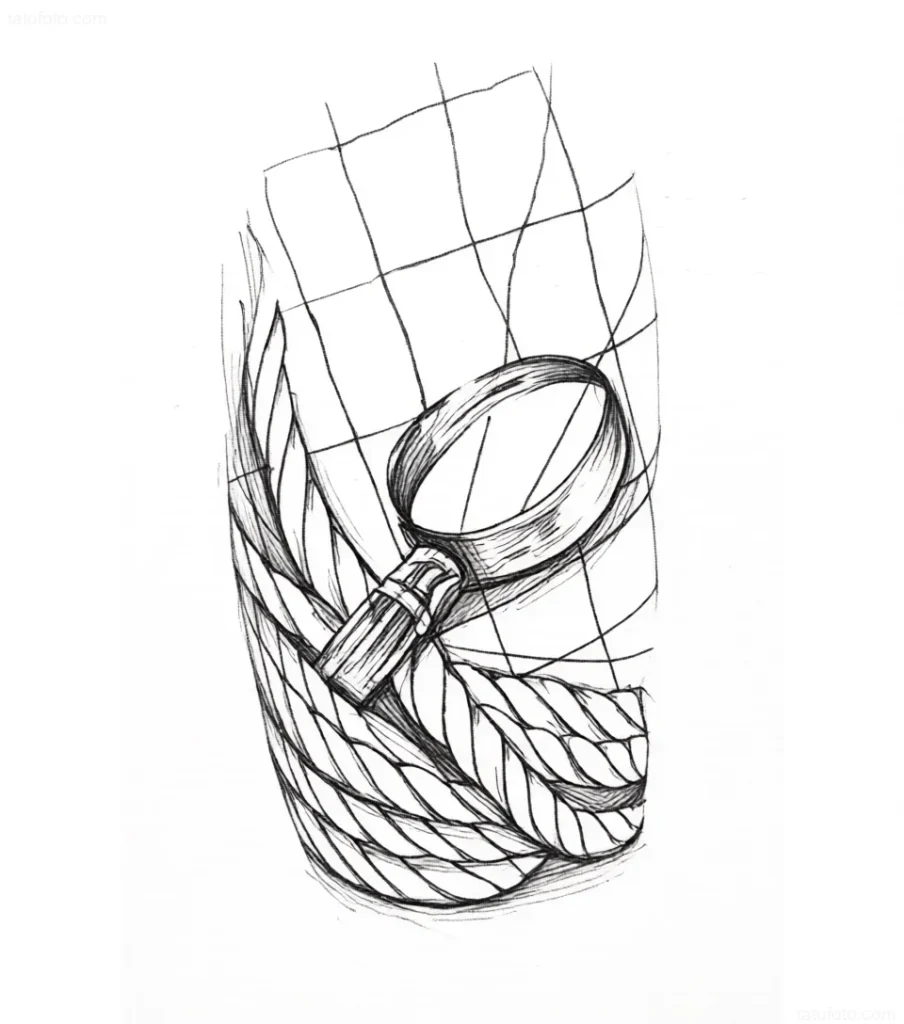 Tattoo sketch of a magnifying glass in graphic realism style, done with black lines on a grid texture background.