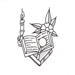 Черно-белая татуировка лупы над раскрытой книгой, рядом горящая свеча и цветок, выполненная в стиле олд скул.