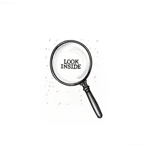 Эскиз татуировки лупы с надписью 'LOOK INSIDE' в стиле графики, выполненный черными чернилами.