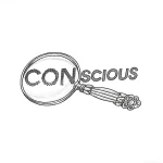 Эскиз татуировки лупы с надписью 'CONSCIOUS', выполненный в графическом стиле, символизирующий поиск истины и самопознание.