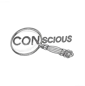 Эскиз татуировки лупы с надписью 'CONSCIOUS', выполненный в графическом стиле, символизирующий поиск истины и самопознание.
