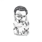 Эскиз татуировки: портрет мужчины с лупой, рассматривающего бабочек, выполненный в графическом стиле.