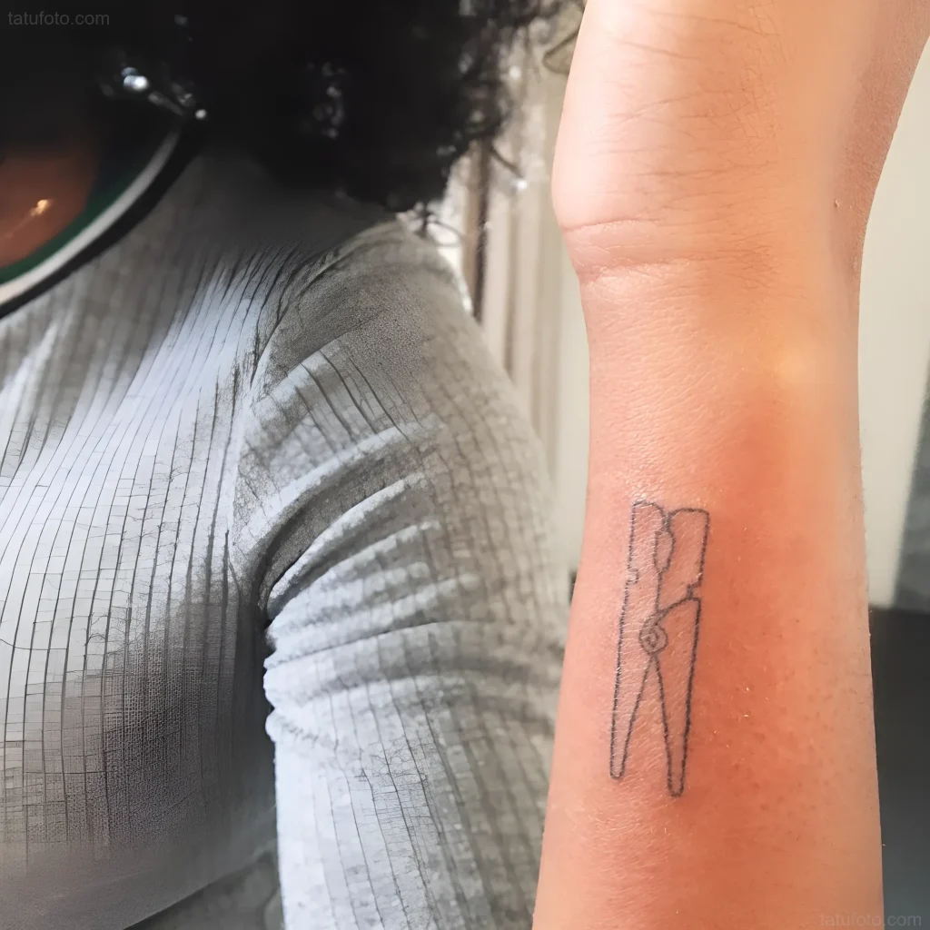 Tatouage minimaliste d'une pince à linge sur l'intérieur de l'avant-bras, réalisé en linework fin.
