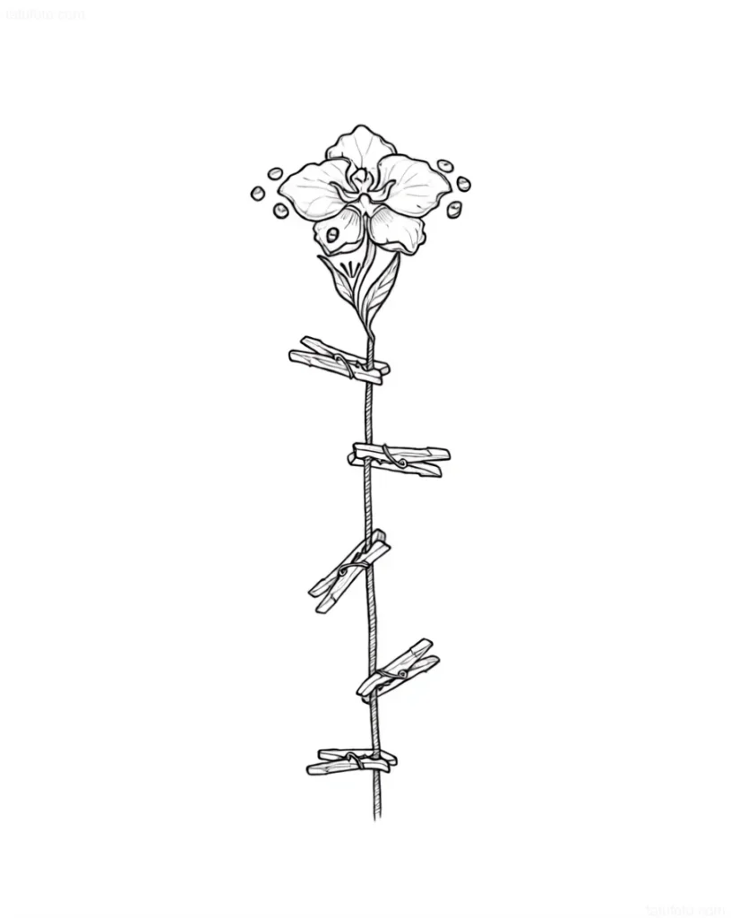Croquis de tatouage : une fleur sur une tige, tenue par des pinces à linge en bois, réalisée dans un style graphique.
