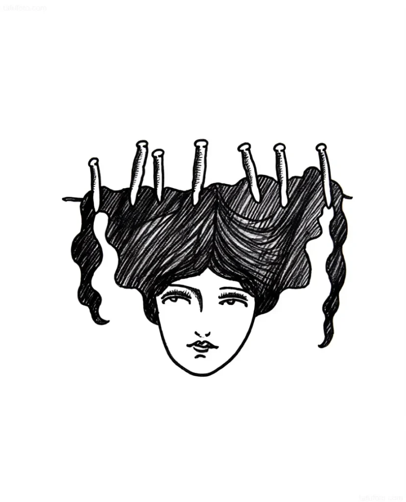 Croquis de tatouage : un visage de femme avec des pinces à linge à la place des cheveux, réalisé dans un style graphique, symbolisant la rétention des souvenirs.