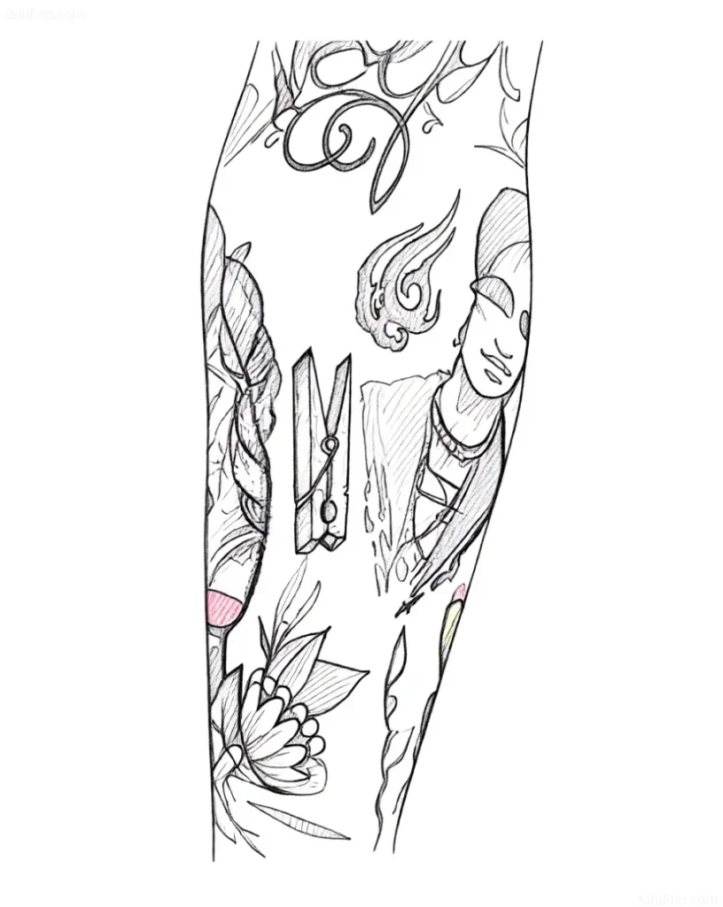 Croquis de tatouage d'une pince à linge avec des fleurs et des éléments abstraits, réalisé dans un style graphique.
