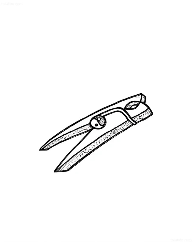 Tatouage en noir et blanc d'une pince à linge, réalisé dans un style graphique, avec un accent sur les détails de la texture du bois.