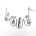 Эскиз татуировки в стиле графика: расческа, ножницы, игла с ниткой и катушка ниток, выполненные черными линиями.