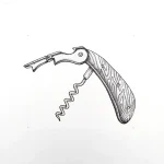 Эскиз татуировки штопора в стиле графика, выполненный черными чернилами, с детализированной текстурой деревянной рукоятки.