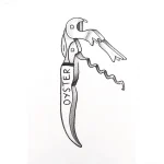 Черно-белая татуировка штопора в стиле графики, с надписью 'Oyster' на рукоятке.