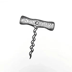 Эскиз татуировки штопора в стиле графика, выполненный черными чернилами, с детализированной текстурой ручки.