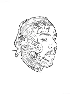 Линейный рисунок, изображающий профиль рэпера 6ix9ine с многочисленными татуировками на лице, включая крупное изображение льва.