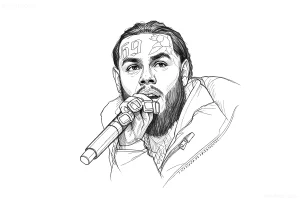Чёрно-белый скетч рэпера 6ix9ine, выступающего с микрофоном, на котором видны татуировки на лбу.