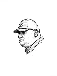 Чёрно-белый скетч татуировки с изображением головы тренера Калани Ситаке в бейсболке BYU.