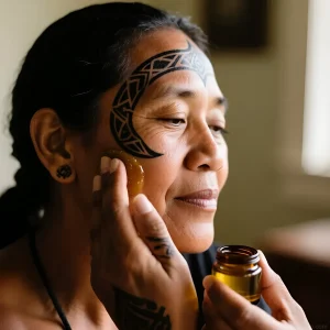 Женщина с татуировкой Моко наносит ухаживающее масло на щеку, демонстрируя правильный пост-тату ритуал.