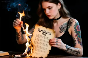 Женщина с яркими татуировками сжигает свиток с текстом Левит 19:2, символизируя отход от древних догм.