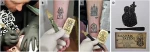 Коллаж из четырех изображений, демонстрирующих процесс нанесения традиционных палестинских татуировок с использованием старинных инструментов и современных техник.