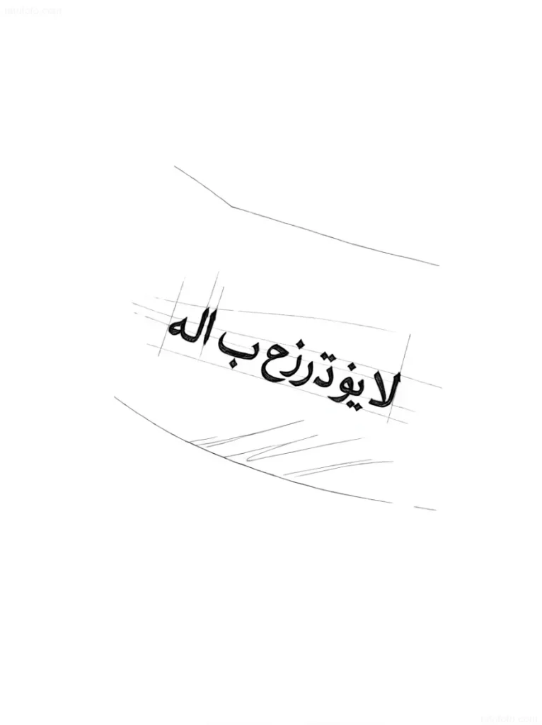 Минималистичная татуировка надпись на арабском языке «لا يؤذ ذرة ب الله» на белом фоне, эскиз.