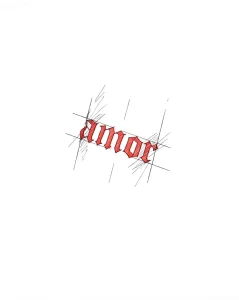 Фото татуировки надписи 'amor' на испанском языке, выполненной в стиле скетч, с красными чернилами и хаотичными линиями.