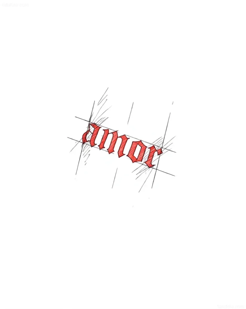 Фото татуировки надписи 'amor' на испанском языке, выполненной в стиле скетч, с красными чернилами и хаотичными линиями.
