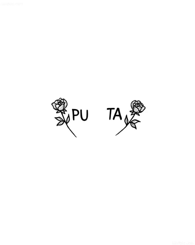 Минималистичная татуировка надписью 'Puta' на испанском языке, обрамленная двумя стилизованными розами в технике лайнарт.