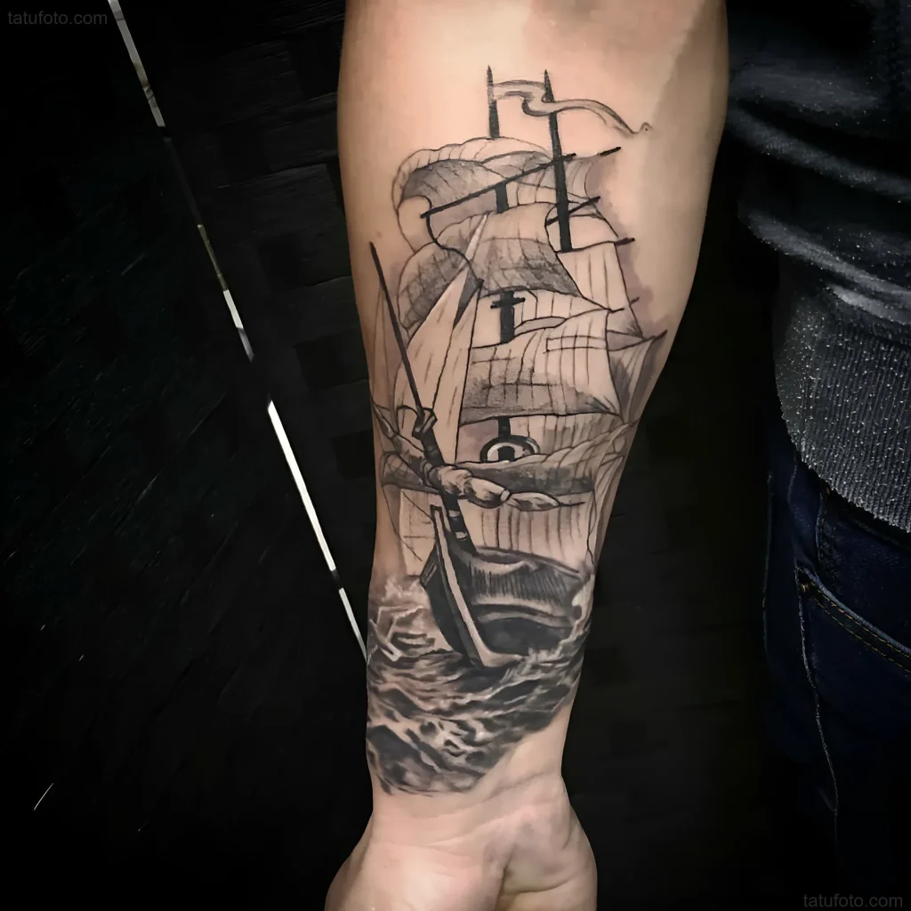 Tatuaje estilo sketch: velero detallado surcando olas turbulentas