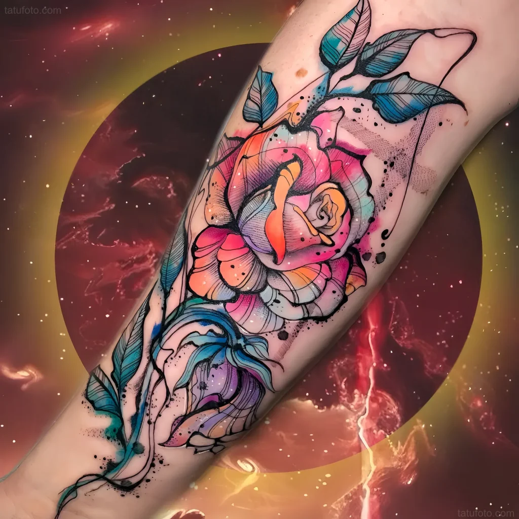 Tatuaje de rosa estilo Sketch con gradientes vibrantes y líneas dinámicas en el antebrazo