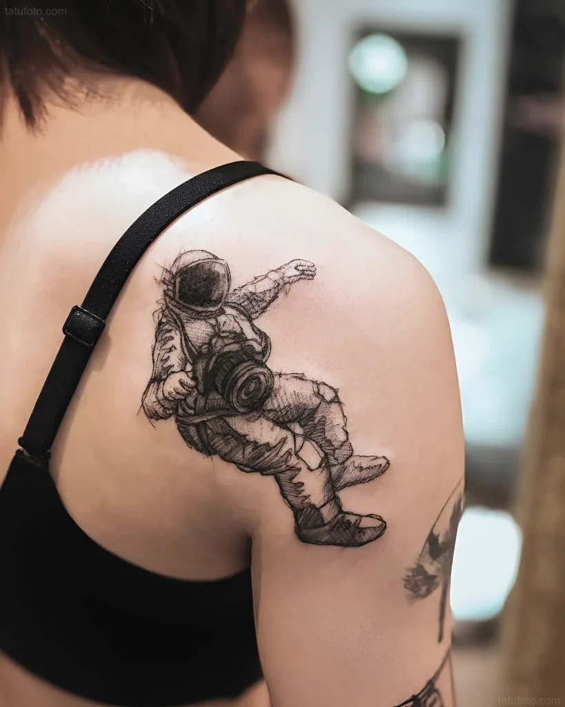 Sketch style astronaut tattoo on the shoulder, conveying a sense of weightlessness and exploration.
