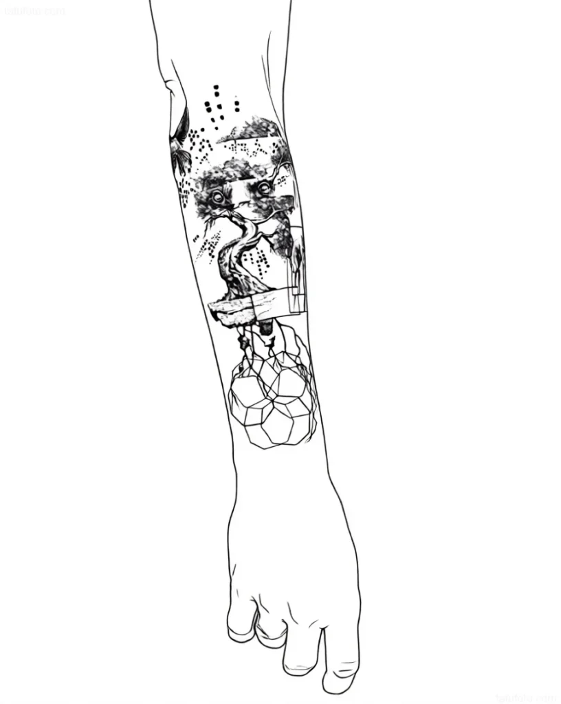 Tatuaje estilo Sketch que representa un árbol sinuoso con ojos, ubicado sobre una figura geométrica, en el antebrazo.
