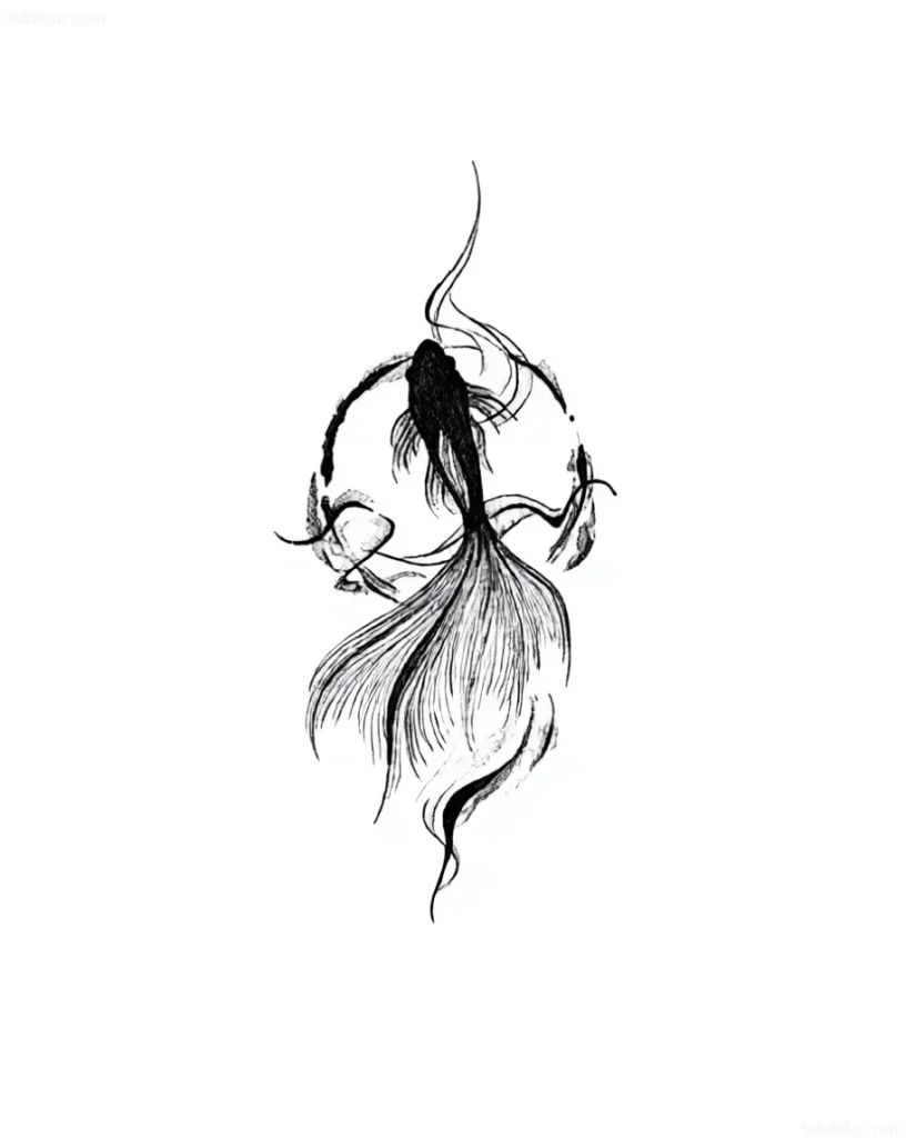 وشم بالأبيض والأسود لسمكة بيتا في حوض سمك بأسلوب الرسم مع التركيز على الخطوط الانسيابية وتفاصيل الزعانف.