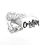 Черно-белый эскиз татуировки аквариумной рыбки Петушка с надписью 'Cristian', выполненный в графическом стиле.
