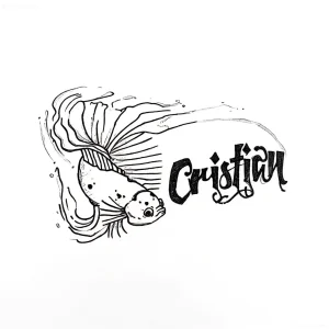 Черно-белый эскиз татуировки аквариумной рыбки Петушка с надписью 'Cristian', выполненный в графическом стиле.